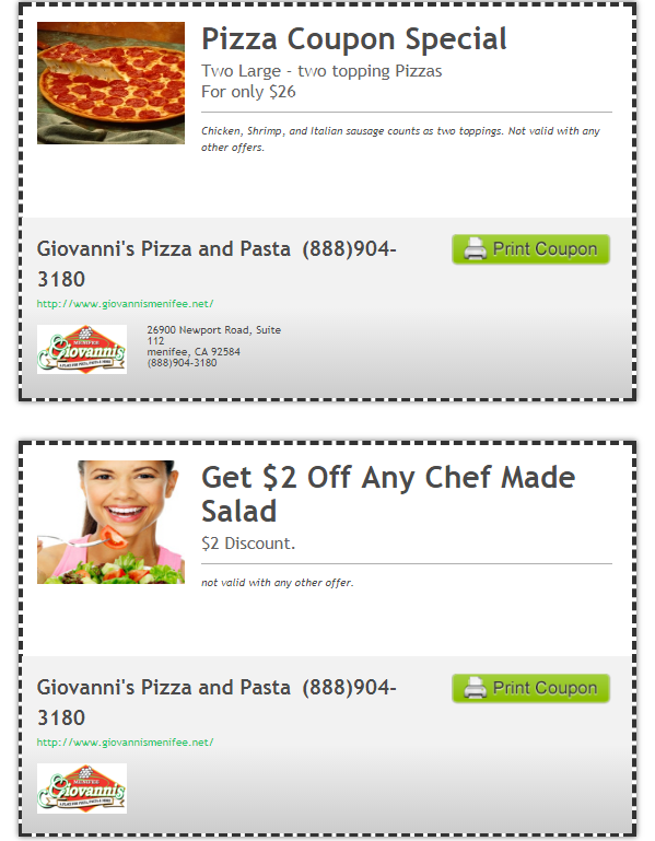 coupons Giovanni's Pizza and Pasta