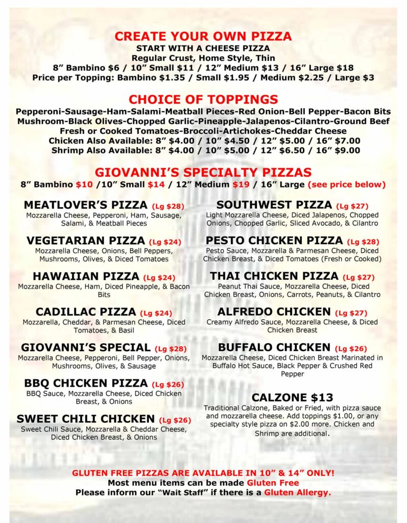 Menu Giovanni's Pizza and Pasta