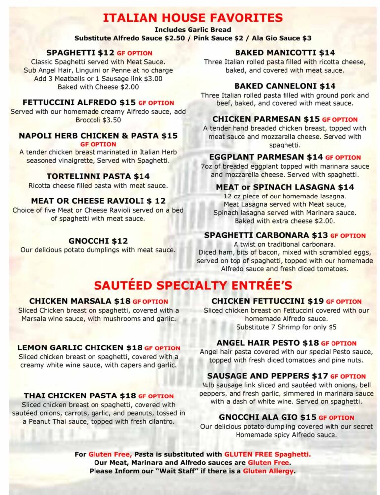 Menu Giovanni's Pizza and Pasta