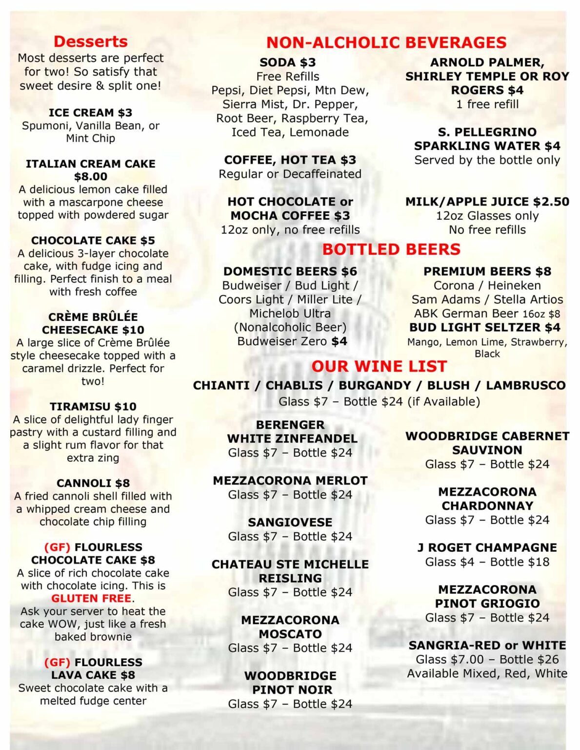 Menu Giovanni's Pizza and Pasta